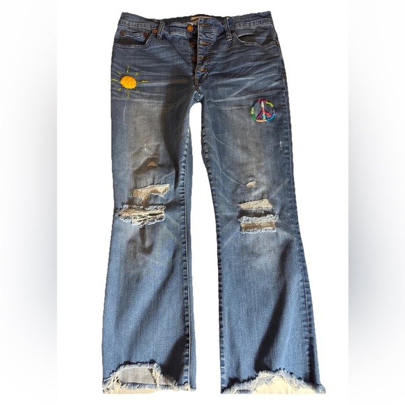MADEWELL Cali Demi Boot Hand Embroidered Hippie Peace Sign Jeans Upcycled Sz 31 - Picture 1 of 16